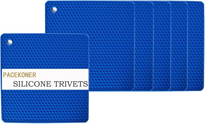 6-Pack Silicone Trivet Mats, Heat Resistant Hot Pads, Dishwasher Safe Kitchen Mats, BPA-Free Pot Holders for Table, Countertop, Stove, Honeycomb Design (Dark Blue, 7" Square)