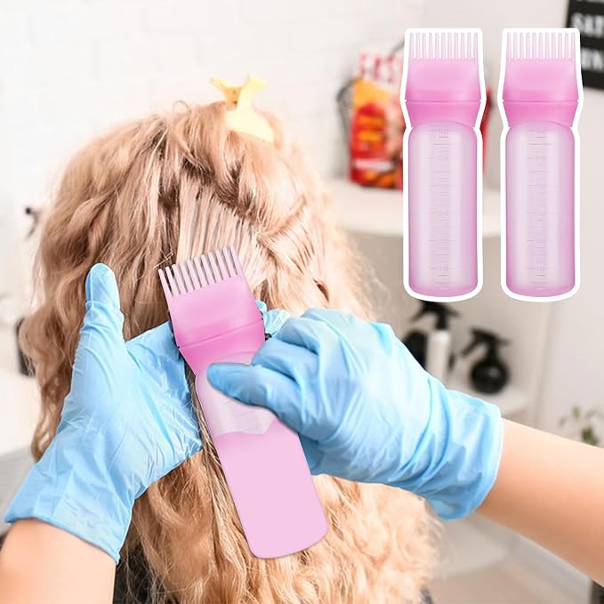 Pimoys 2Pcs 6Oz Root Comb Hair Dye Oil Applicator Bottles For Scalp, Pink | Plastic Squeeze Bottle Dispenser with Graduated Scale, Comb Tip Applicator For Hair Coloring Scalp Oiling, Home Salon Use