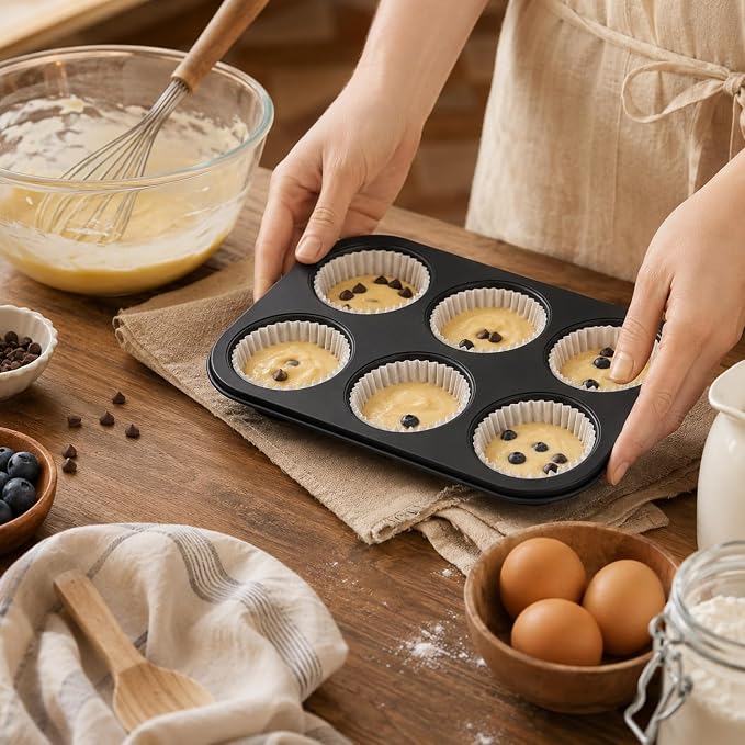 Premium Non-Stick Muffin Baking Pan,6-Cup cake Pan Set of 2(Black) | Even Heat Distribution,Rustproof & Dishwasher Safe,Food-Grade 304 Stainless Steel Muffin Mold for Home Baking,Ideal Gift