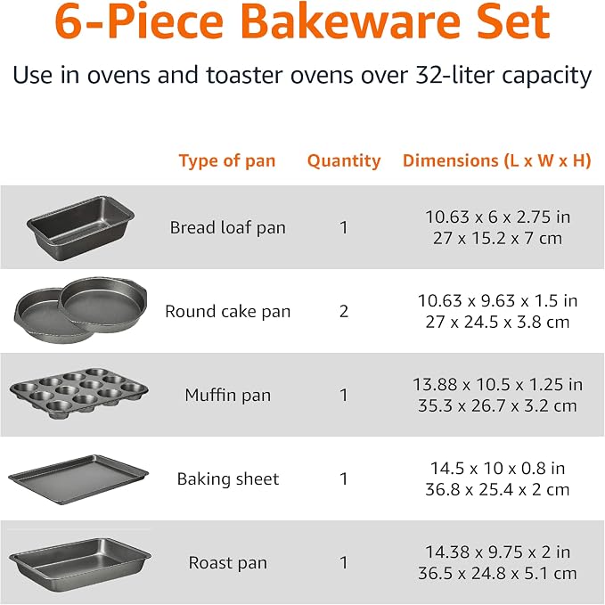 Amazon Basics 6 Piece Nonstick Carbon Steel Bakeware Set with Cake, Muffin, Cookie, and Loaf Pans, Easy Release, Oven Safe, 16.25 x 11.75 x 6.25 inches