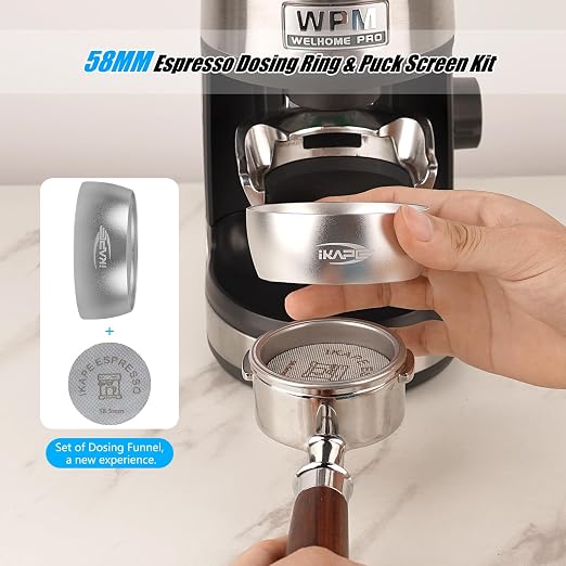 IKAPE Dosing Funnel Set, 58mm Espresso Dosing Ring & Puck Screen Kit Compatible with 58 mm Bottomless Portafilter Silver