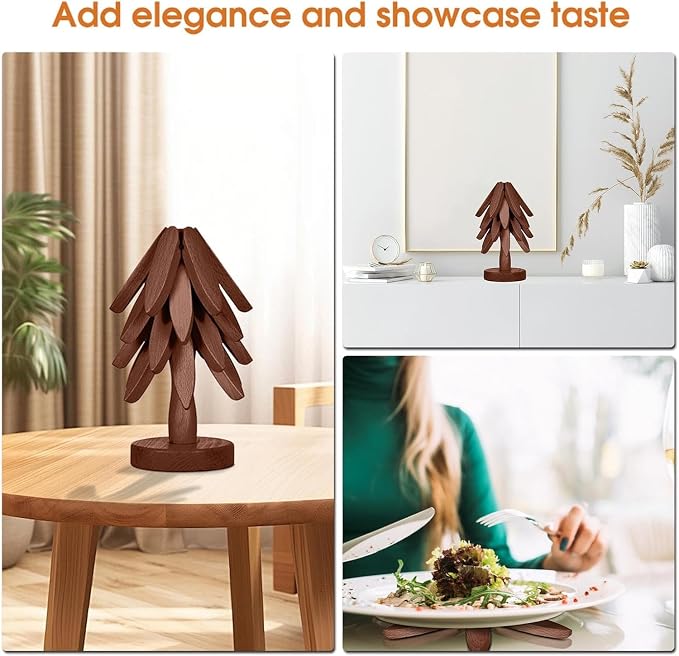 Wooden Cup Coaster Set，Tree Shape Trivet Set,Tree Coasters- 4 Wooden Trivets + 1 Stand stored for hot Dish/Pot/Bowl/teapot/hot Pot Set