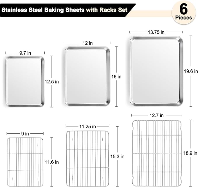 TeamFar Baking Sheet with Rack Set, 3 Pans + 3 Racks, 19.6/16/12.5 Inch | Stainless Steel Cookie Sheets Baking Pans Trays and Cooling Racks for Cooking, Non-Toxic & Heavy Duty, Dishwasher Safe