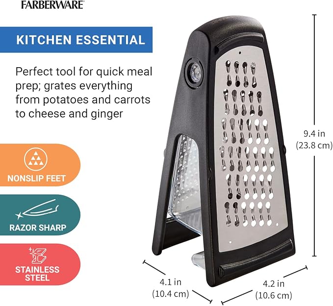 Farberware Professional Box Grater with Container, Stainless Steel Coarse and Fine Blades, Nonslip Base, Easy-Grip Handle, Dishwasher Safe - Cheese, Vegetable, Chocolate Grater with Catch Tray