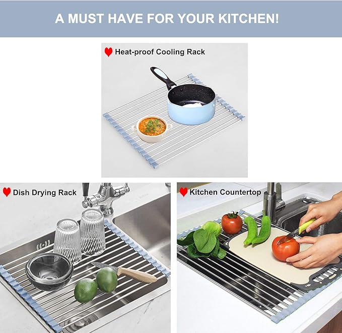 Over The Sink Dish Drying Rack, Stainless Steel Roll Up Dish Drying Rack Kitchen Dish Rack Sink Drying Rack, Foldable Dish Drainer, 17.5''x13.7''