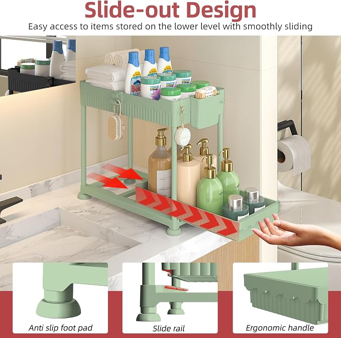 4-Pack 2-Tier Under Sink Organizer with Pull Out Drawers | Multi-use kitchen & bathroom storage. Includes hanging hooks and cups. Green, space-saving cabinet design. 14.8 Inch
