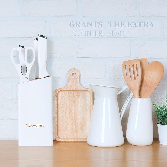 White Knife Set with Block, 7 Pieces Small Knife Block Set with Stainless Steel Blade Ergonomic Handle, Kitchen Knives Set Gifts for Chef