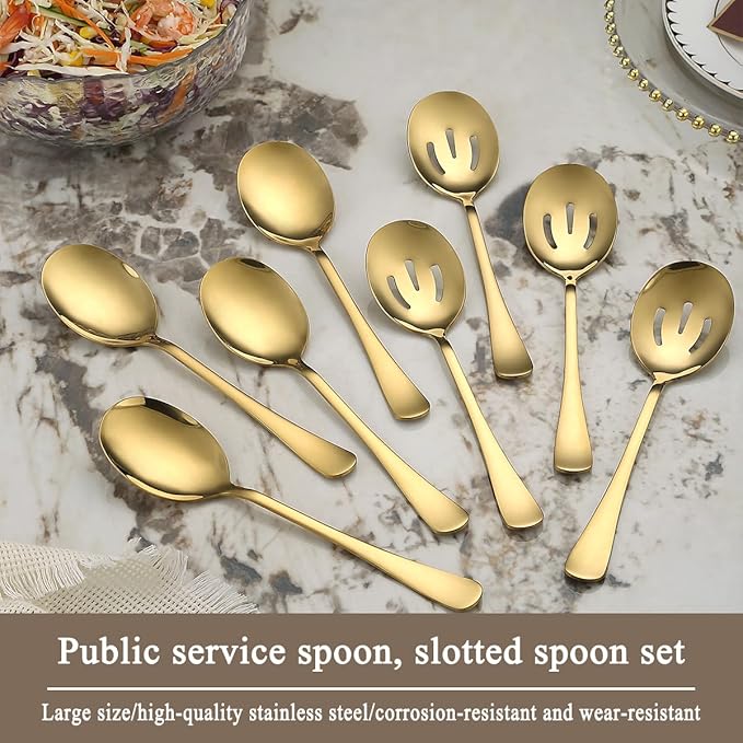 Gold Serving Spoons 8 Pieces, ReaNea Stainless Steel Serving Utensils Set inclunde 4 Serving Spoon 4 Serving Slotted Spoons, Dishwasher Safe