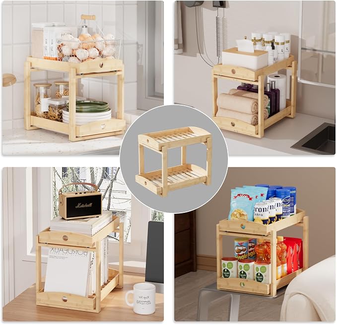 2 Pack Bamboo Under Sink Organizer, 2-Tier Pull-Out Drawers, Kitchen & Bath | Pull-out drawers keep cleaners and tall bottles visible, organized and easy to reach in kitchen or bathroom cabinets