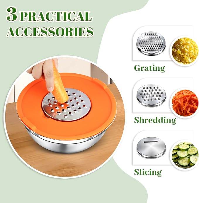 8PCS Mixing Bowls with Lids Set - 5 Nesting Mixing Bowls, 3 Grater Attachments, Lids, Stainless Steel Mixing Bowls for Mixing & Serving, Size 1.5/2.1/3.5/4/4.5 QT, Colorful