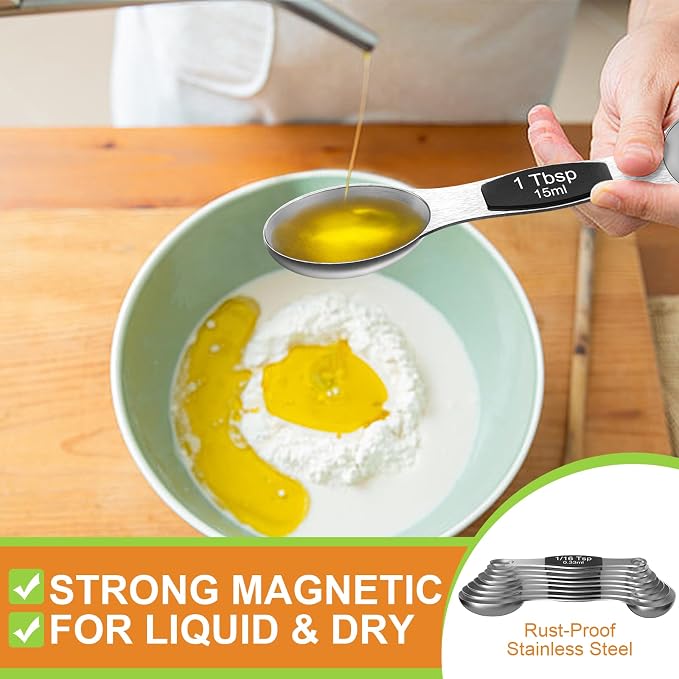 Wildone Stainless Steel Magnetic Measuring Spoons with Strong Magnets, 14pc | Including 8 Double Sided Magnetic Measuring Spoons, Leveler and 5 Mini Spoons for Spice Jar and Liquid Measuring, Black