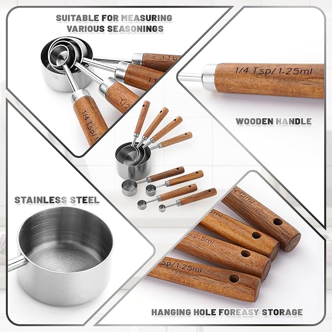 Measuring Cups and Spoons Set,Premium Stainless Steel Measuring Cups and Spoons Set with Wood Handle, 8-Pieces Kitchen Essentials for Baking, Coffee with Ergonomic Grip & Engraved Markings(Silver8)