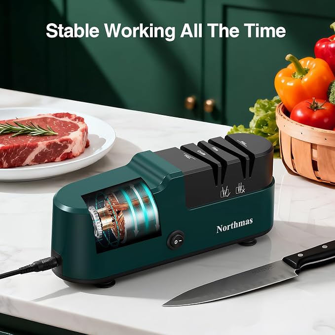Northmas Knife Sharpener, Professional Electric Knife Sharpener for Home Use, 2 Stages for Quick Sharpening & Polishing, 100V-240V Global Voltage Design, Green