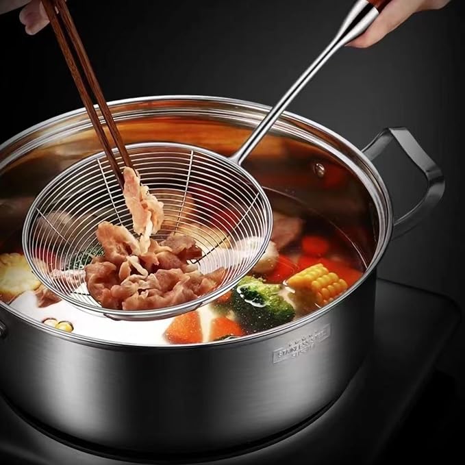 Spider Strainer Skimmer Spoon - 5.4 Inch Stainless Steel Mesh & Wooden Handle - for Deep Frying, Pasta, Stir Fry, Hot Pot, Tempura - Easy Drain Kitchen Utensil