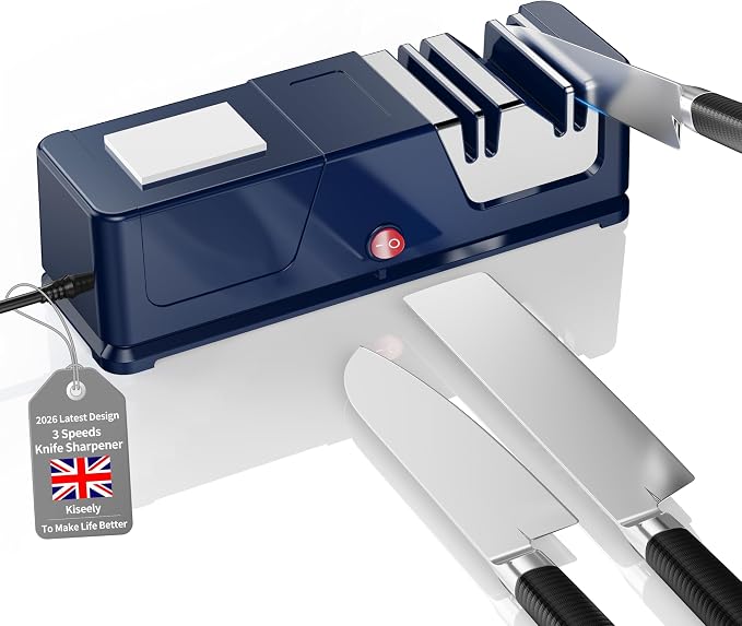 Electric knife sharpener, Professional Diamond Sharpening System with Replaceable Sharpening Abrasives, Fast Sharpening to Restore & Polish Chef Knives (Blue)