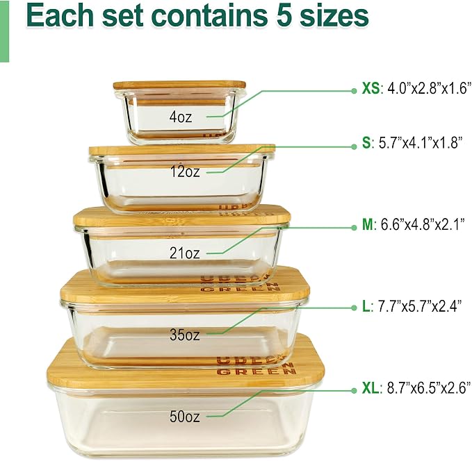 Glass Containers with Bamboo Lids, Meal Prep Glass Food storage Container Set, 5 Pack, Pantry & Kitchen Organizer, Microwave, Oven, Freezer Safe