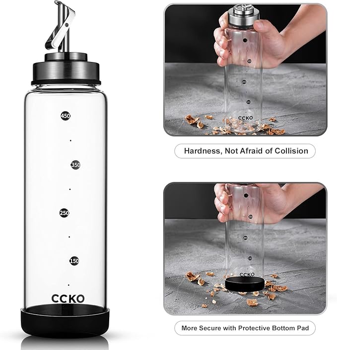 CCKO Glass Olive Oil Dispenser Bottle with Stainless Steel Spouts Shatterproof Glass Olive Oil Bottle 350ml Cooking Oil and Vinegar Cruet Bottle Container Carafe for Kitchen
