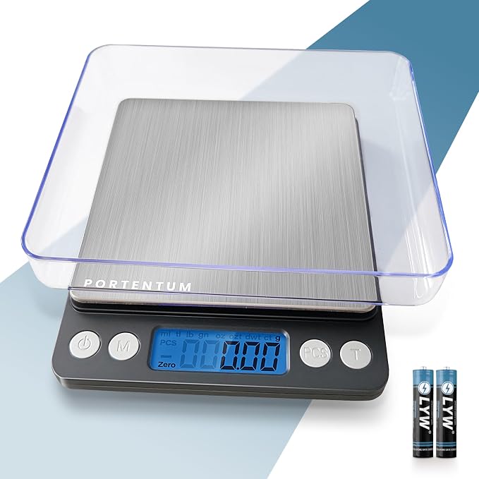 PORTENTUM Digital Kitchen Scale 500g/0.01g - Food or Mail, Electronic, Stainless Steel, Measuring Function for Liquid in ml and fl. oz., Precision Scale