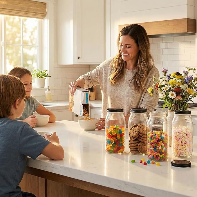 novelinks 64 oz Large Plastic Mason Jars with Airtight Lids Wide Mouth | 3 Pack, Black, Storage Jars with Airtight Lids, Mason Jars 64oz, Big Jars Wide Mouth, Plastic Storage Containers for Pantry