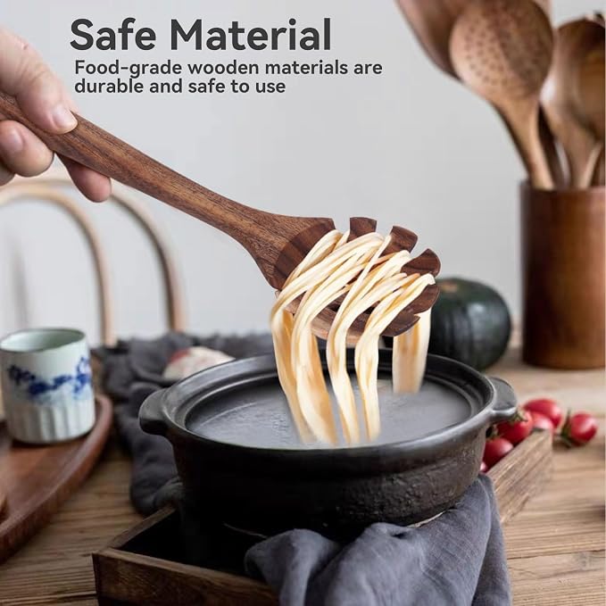 Spaghetti Spoon, Wood Pasta Server Wooden Pasta Spoon with Teeth 12.6inch Strainer Noodle Fork for Home Kitchen Cooking