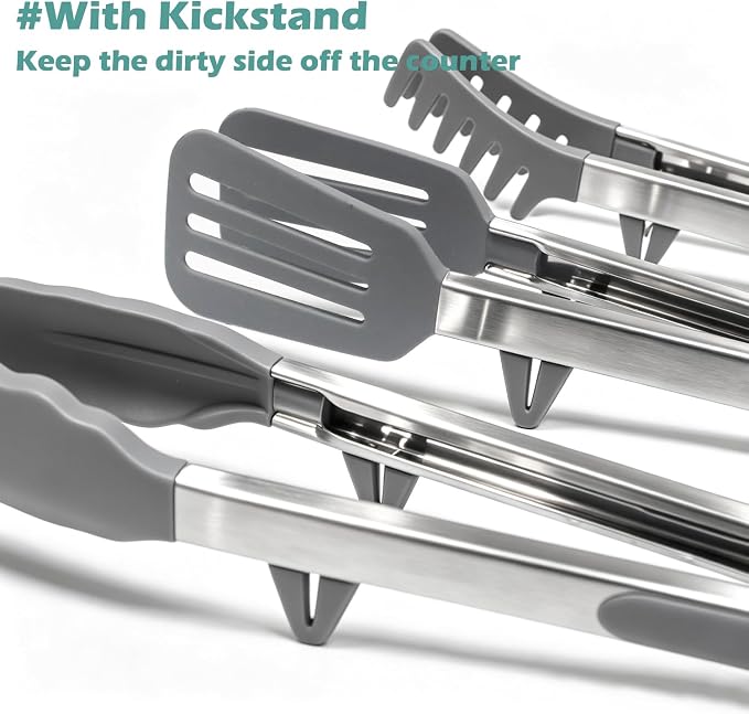 Tongs for Cooking, 12" Kitchen Tongs with Silicone Tips, Food Grade Serving Tongs Set of 3, Grey