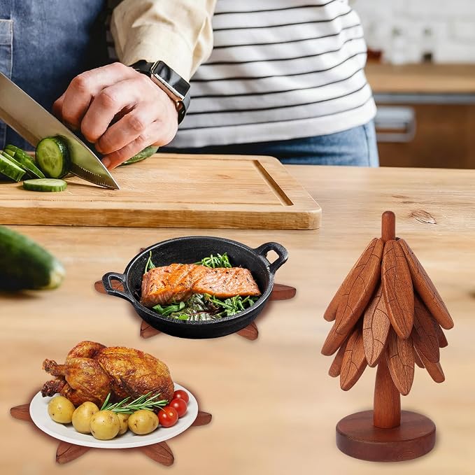 4-Piece Sapele Wood Tree Coaster Set with Stand | Leaf Pattern Trivets for Hot Dishes Pots Teapots | Heat Resistant Kitchen Trivet Set | Natural Wood Home Decor (Texture- 4 Pcs)