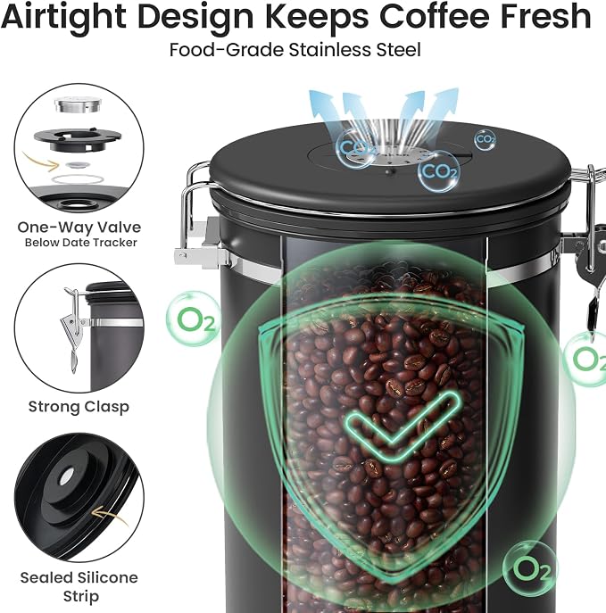 Veken Coffee Canister with Window, 39OZ Large Airtight Stainless Steel Jars | Kitchen Food Storage Pantry Container for 2.2lbs Beans,Ground,Espresso,Rice,Tea,Sugar,Bar Accessories,Gifts,Lids, Scoop,Black