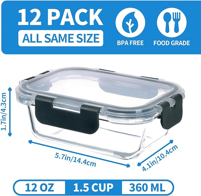 GULFLIN 24-Piece Small Glass Food Storage Containers with Lids Airtight, 1.5 Cup Meal Prep Containers Set, Microwave&Dishwasher Safe, Leak-Proof, BPA-Free, Grey