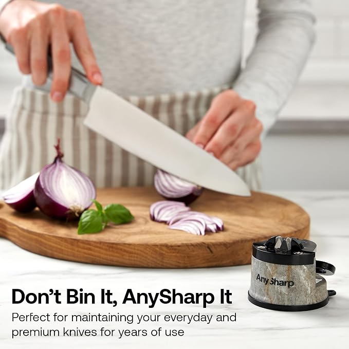 AnySharp – Editions – Hands Free Knife Sharpener - Easy to Use Sharpening Tool with PowerGrip Suction Base and 20-Degree Pre-Set Angle - for All Knives: Chef's, Serrated, and Hardened Steel - Stone