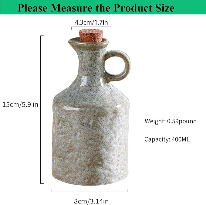 Green Ceramic Olive Oil Dispenser Bottle with Cork Stopper 13.5Oz | Reactive Glaze Texture Oil Bottle, Leak Proof Small Spout,Great for Storing Vinegar, Wine, Soy Sauce, Lemon Juice