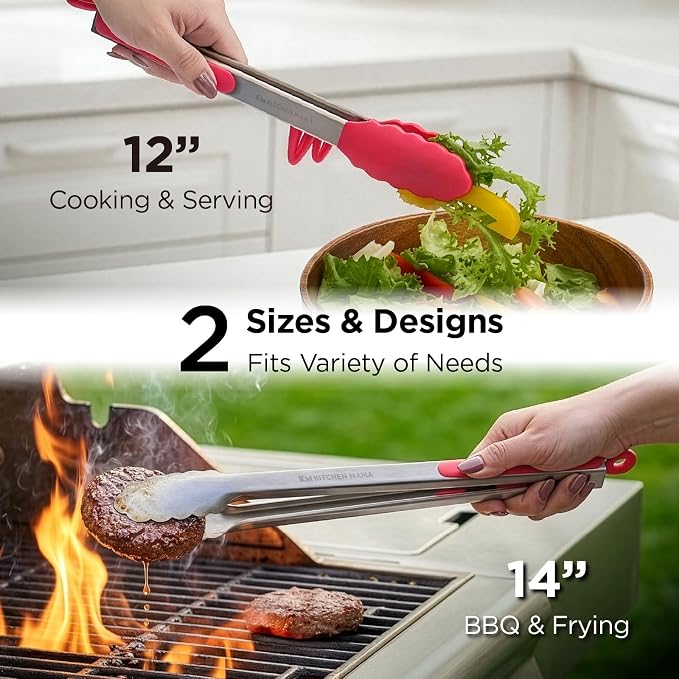 Kitchen Mama DuoEssentials Cooking Tongs Set, Red | Silicone Tip, Stainless Steel, Locking Ring, Heat Resistant, Non Stick Cookware Safe