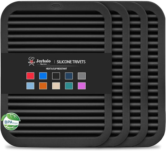 4 Pack Square Silicone Trivets | Hot Pads for Kitchen, Hot Pots and Pans, Hot Dishes, Countertops, Heat Resistance to 480°F, Black