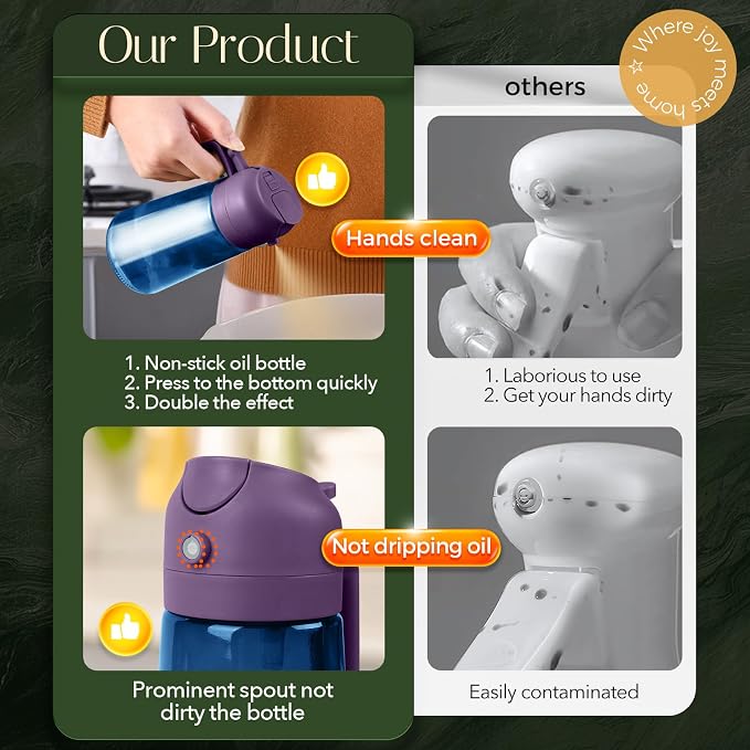 YARRAMATE 16oz/470ml Light-Blocking Dark Oil Sprayer for Cooking (Purple) | 2 in 1 Olive Oil Dispenser Bottle for Kitchen, Premium Blue Glass Oil Bottle, Food-Grade Oil Mister for Air Fryer, BBQ
