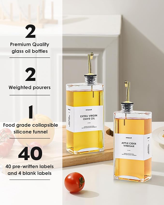 Olive Oil Dispenser For Kitchen, Glass Oil Bottle 500ML Oil And Vinegar Dispenser Set Of 2, Cooking Oil Dispenser With 2 Stainless Steel Pourers & 44 Labels, Soy Sauce Dispenser, Coffee Syrup Bottles