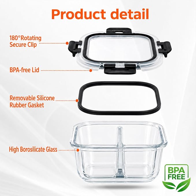 3 Pack Bariatric Meal Prep Containers, 8oz Glass Snack Containers | Glass Bariatric Portion Control Containers with Two 4 oz Compartments, Reusable Lunch Box Bento Box with Lids,Black