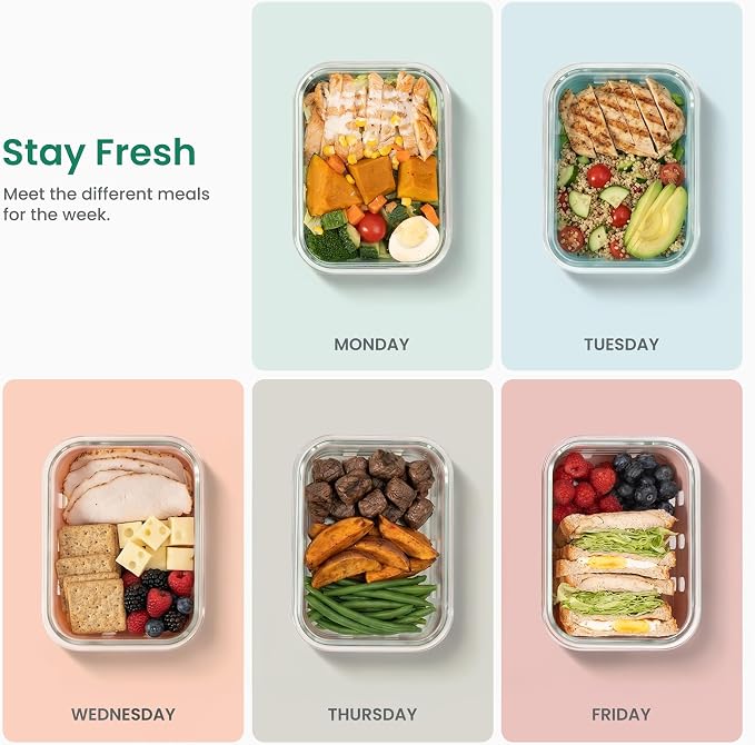 Glass Meal Prep Containers 5 Pack, 4.4 Cup Airtight Leakproof Lids, Borosilicate Glass Food Storage Containers, Microwave Oven Freezer Safe, BPA Free Lunch Containers