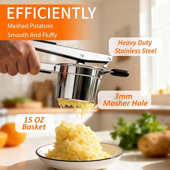 Potato Ricer, Ricer For Mashed Potatoes, 15 OZ Heavy Duty Stainless Steel Potato Masher Make Fluffy Mashed Potatoes, Fixed Disc Potato Masher Without Messy, Dishwasher Safety for Baby Food