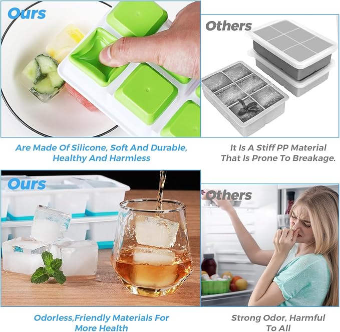 Large Ice Cube Tray, 2 Pieces Silicone Ice Cube Tray with Lid for Whiskey, Cocktails, Beer, Wine, Refrigerated Drinks, BPA Free, Stackable Reusable (Green + Blue)