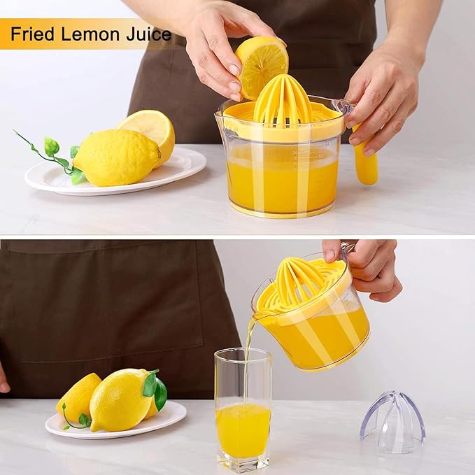 Drizom Citrus Lemon Orange Juicer Manual Hand Squeezer, Fruit Juicer Lime Press with Built-in Measuring Cup and Grater and Egg separator, Non-Slip Silicone Handle, 20OZ