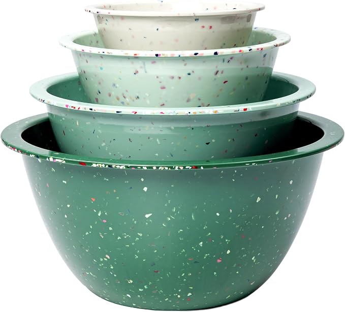 Confetti Melamine Mixing Bowls Set, 4 Piece Nesting BPA free Green | 4-Piece Kitchen Serving Bowls (18oz, 1.25QT, 2.5QT, 4QT) dishwasher safe, stackable and space-saving.