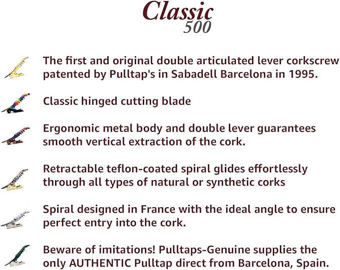 Pulltap's Genuine Classic 500 Waiter's Corkscrew – Double-Hinged Wine Key with Hinged Foil Cutter – Patented Design – Made in Spain – White (Blanco)