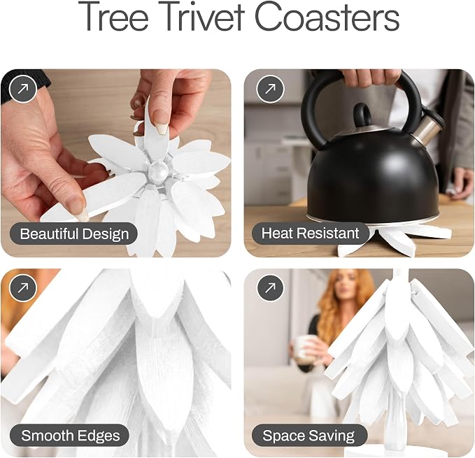 Wooden Trivets for Hot Dishes – Tree Trivet Set with 4 Foldable Wooden Trivets & 1 Stand, Heat-Resistant, Space-Saving Trivet Tree for Pots, Bowls & Teapots (White)