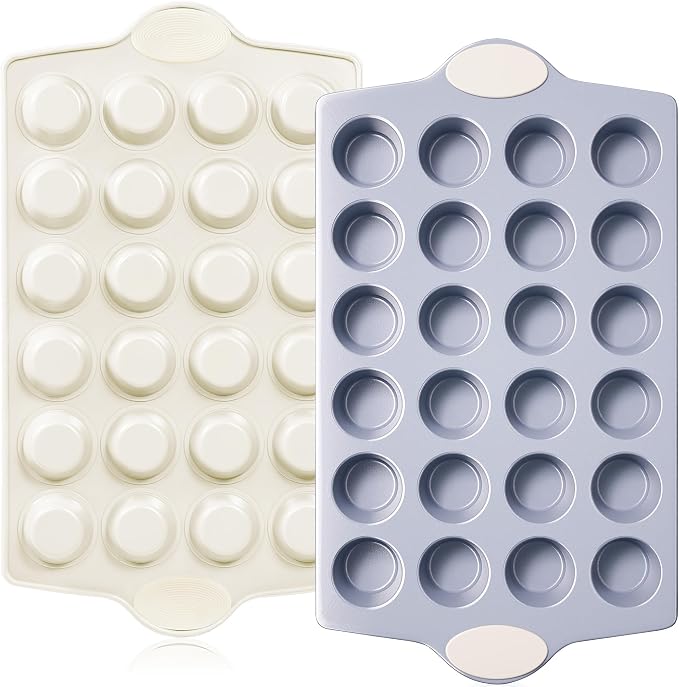 BRONYPRO Ceramic Mini Muffin Pan, 24-Cup Nonstick Aluminized Steel Mini Cupcake Pans, Healthy Non-Toxic Ceramic Coating Muffin Tin, 2 Pack Cup Cake Pans for Baking Cream