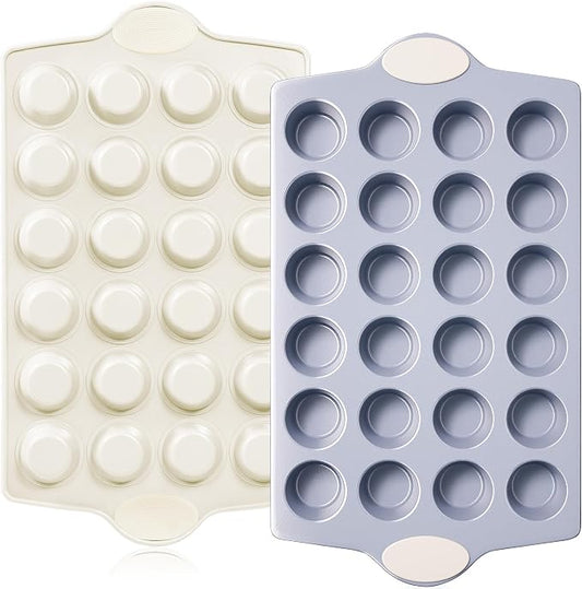BRONYPRO Ceramic Mini Muffin Pan, 24-Cup Nonstick Aluminized Steel Mini Cupcake Pans, Healthy Non-Toxic Ceramic Coating Muffin Tin, 2 Pack Cup Cake Pans for Baking Cream