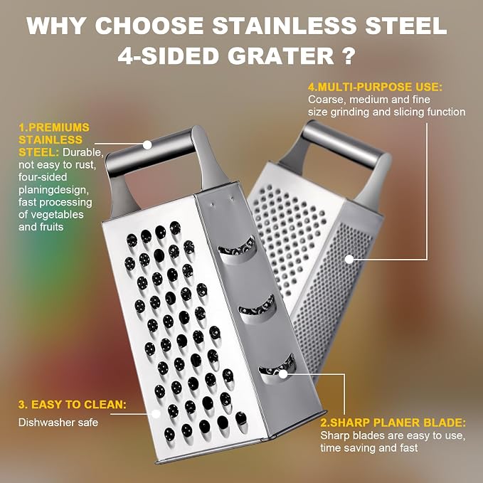 Handheld Cheese Grater Box for Kitchen, Stainless Steel 4 Sided Cheese Grater with Handle for Grinding Shredding & Slicing, Dishwasher Safe (Silver)