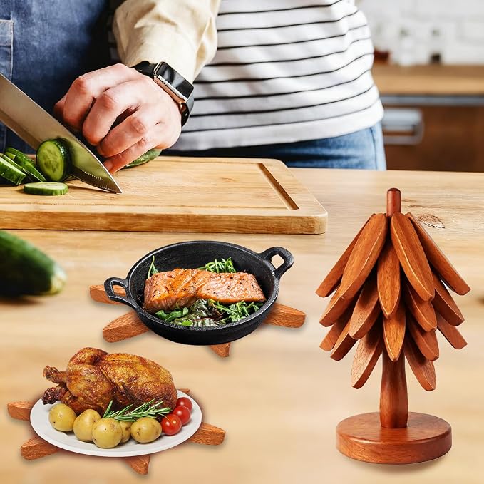 Wooden Tree Trivet Set - 4 Pcs Natural Wood Coasters Trivets for Hot Dishes, Christmas Tree Trivet for Hot Pots Pans, Artisanal Wooden Kitchen Accessories | Housewarming/Kitchen Gift