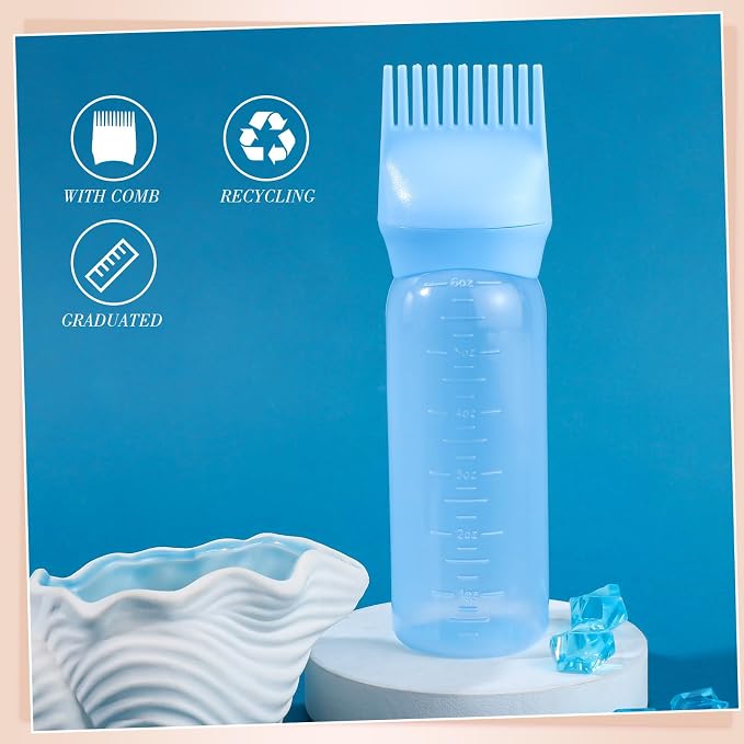 Pimoys 6Oz Root Comb Hair Dye Oil Applicator Bottles for Scalp, Blue | Plastic Squeeze Bottle Dispenser with Graduated Scale, Comb Tip Applicator For Hair Coloring Scalp Oiling, Home Salon Use