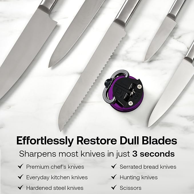 AnySharp – Pro – Hands Free Knife Sharpener - Easy to Use Sharpening Tool with PowerGrip Suction Base and 20-Degree Pre-Set Angle - for All Knives: Chef's, Serrated, and Hardened Steel - Purple (UV)