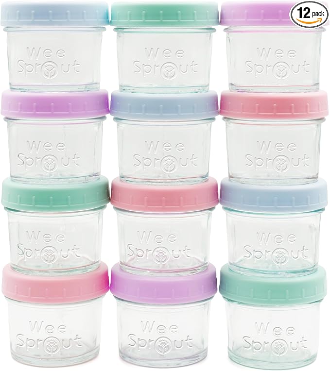 WeeSprout Baby Food Storage Glass Jars w/Lids (4 oz, 12 Pack) Pastel Variety, Snack, Reusable Small Containers, Fridge or Freezer, Microwave & Dishwasher Safe, Essentials for Infants