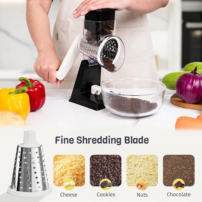 Rotary Cheese Grater, Upgraded Hand Crank Cheese Shredder with 3 Interchangeable Blades, Multi-purpose Kitchen Slicer Shredder for Cheese, Vegetable, Fruit, Nuts, Easy to Use & Clean, Black